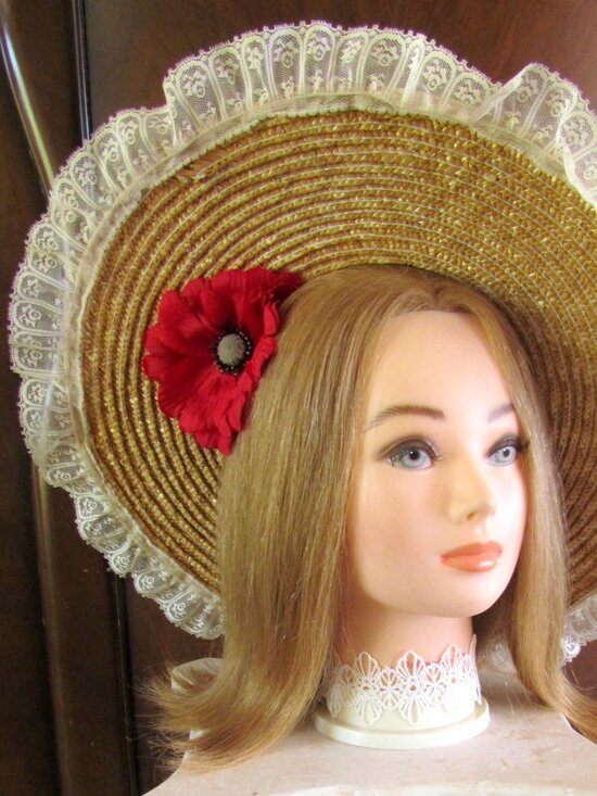 VICTORIAN COSTUME HAT, S, LAVISH w FLOWER, LACE, & SATIN TRIMMINGS, WIDE BRIM